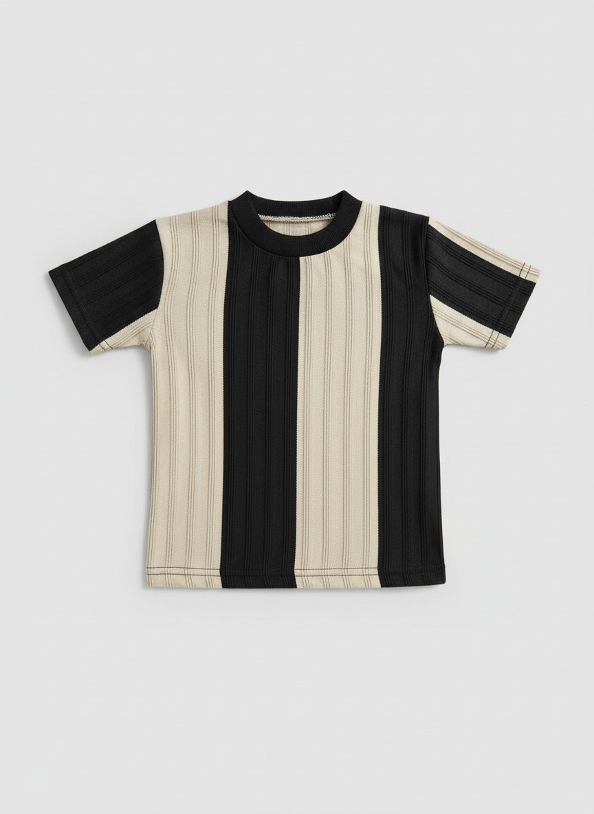 Kids Black & Beige Vertical Striped Ribbed T-Shirt