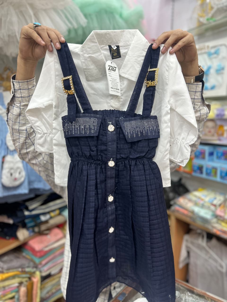 Navy Blue Embellished Pinafore Dress with White Shirt – 2-Piece Set